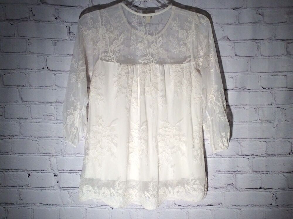 Lily Star Women’s Top Cream Cottage Core Romantic Lace Overlay Lined Soft Sz XS